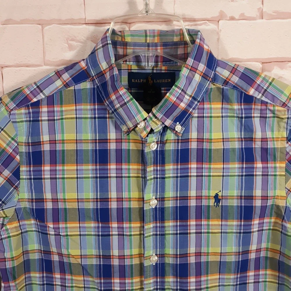 Ralph Lauren Shirt Boys Kids Size L 14-16 Blue Plaid Button Down Small Pony